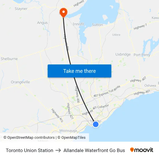 Toronto Union Station to Allandale Waterfront Go Bus map