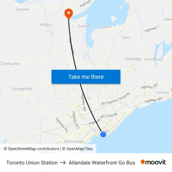 Toronto Union Station to Allandale Waterfront Go Bus map