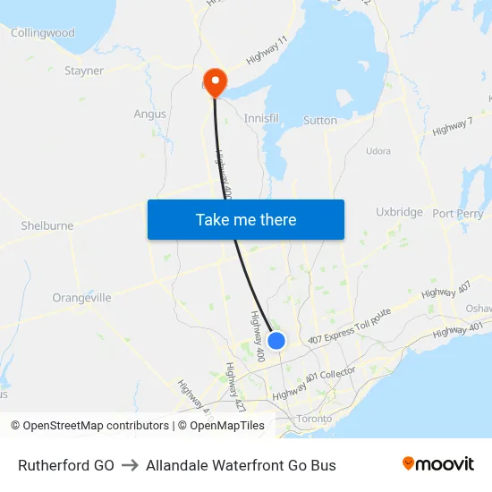 Rutherford GO to Allandale Waterfront Go Bus map