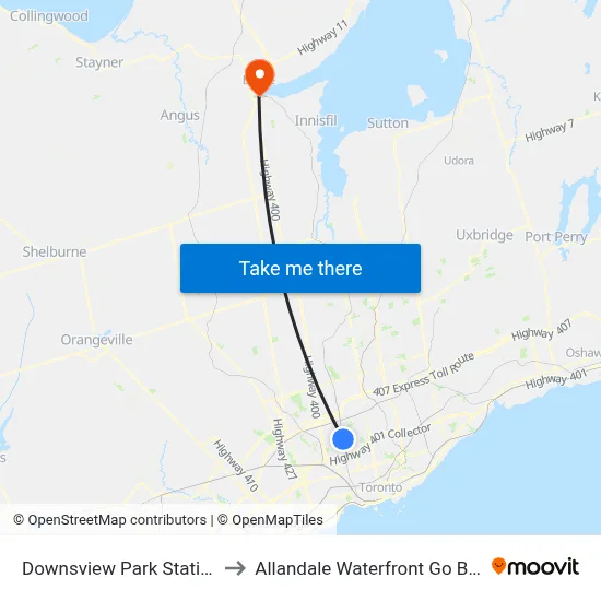 Downsview Park Station to Allandale Waterfront Go Bus map