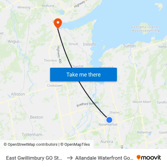East Gwillimbury GO Station to Allandale Waterfront Go Bus map