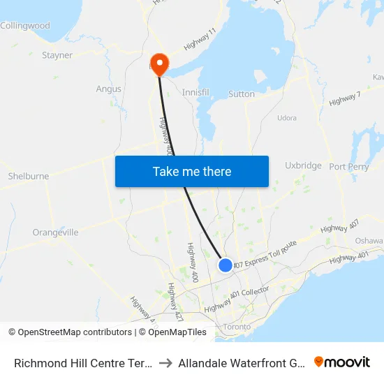 Richmond Hill Centre Terminal to Allandale Waterfront Go Bus map