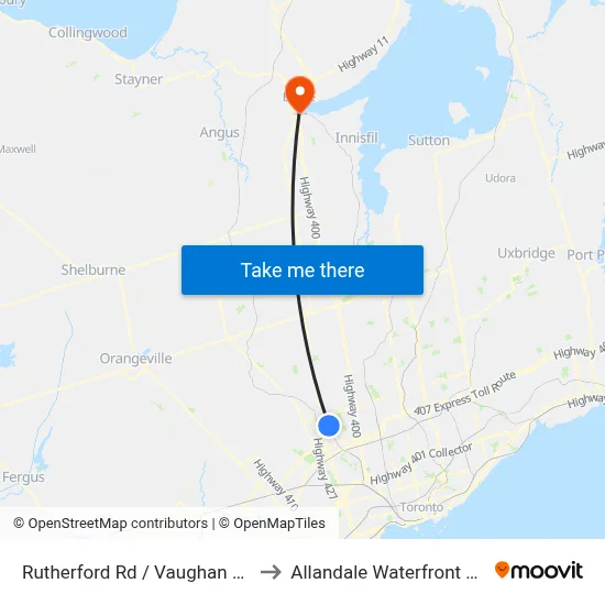 Rutherford Rd / Vaughan Mills Rd to Allandale Waterfront Go Bus map