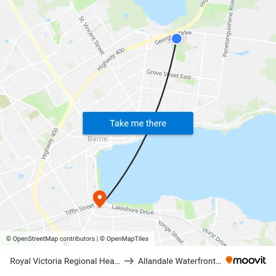 Royal Victoria Regional Health Centre to Allandale Waterfront Go Bus map
