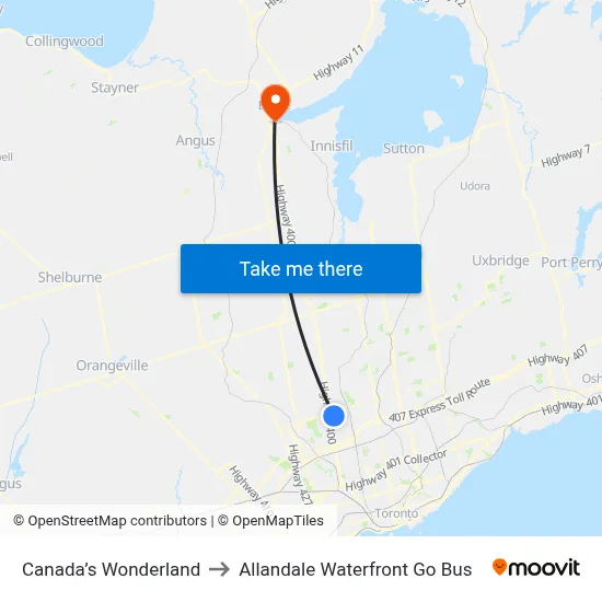 Canada’s Wonderland to Allandale Waterfront Go Bus map