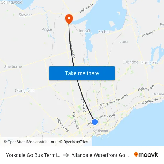 Yorkdale Go Bus Terminal to Allandale Waterfront Go Bus map