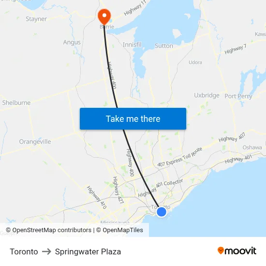 Toronto to Springwater Plaza map