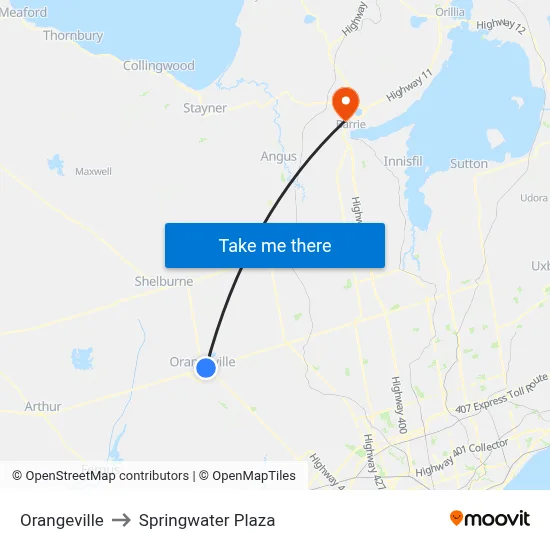 Orangeville to Springwater Plaza map