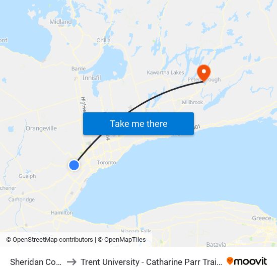 Sheridan College to Trent University - Catharine Parr Traill College map