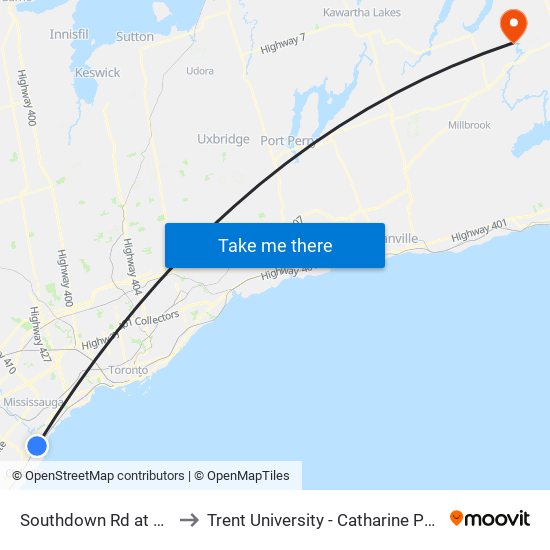 Southdown Rd at Hartland Dr to Trent University - Catharine Parr Traill College map