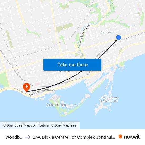 Woodbine to E.W. Bickle Centre For Complex Continuing Care map