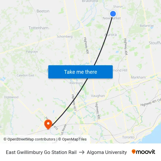 East Gwillimbury Go Station Rail to Algoma University map