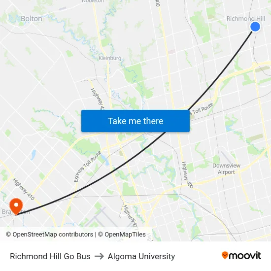 Richmond Hill Go Bus to Algoma University map