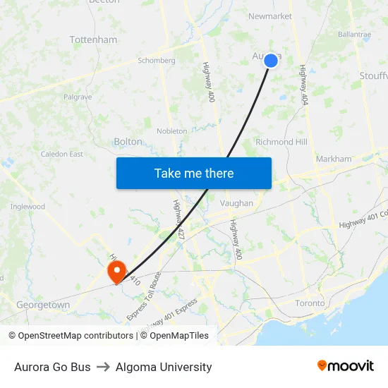 Aurora Go Bus to Algoma University map