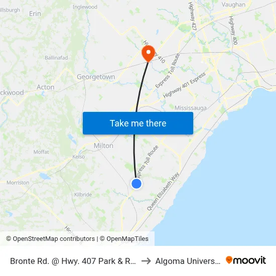 Bronte Rd. @ Hwy. 407 Park & Ride to Algoma University map