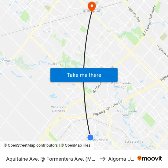 Aquitaine Ave. @ Formentera Ave. (Meadowvale Town Centre) to Algoma University map