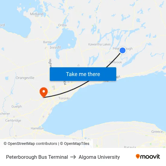 Peterborough Bus Terminal to Algoma University map