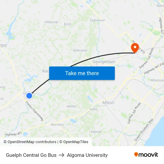Guelph Central Go Bus to Algoma University map