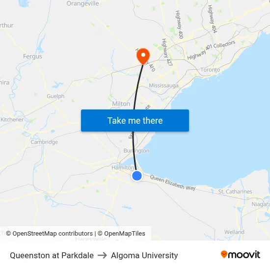 Queenston at Parkdale to Algoma University map