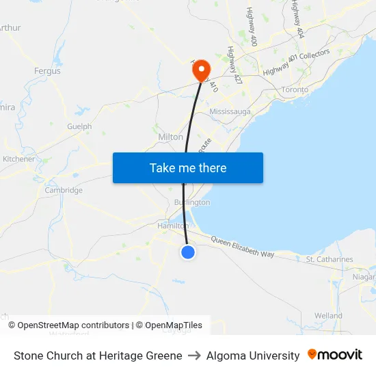 Stone Church at Heritage Greene to Algoma University map