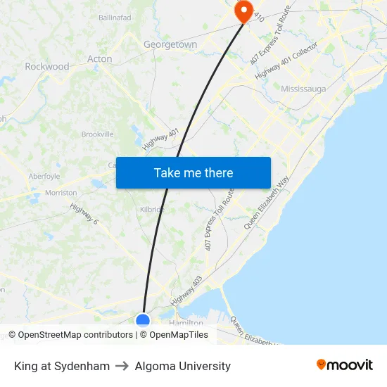 King at Sydenham to Algoma University map