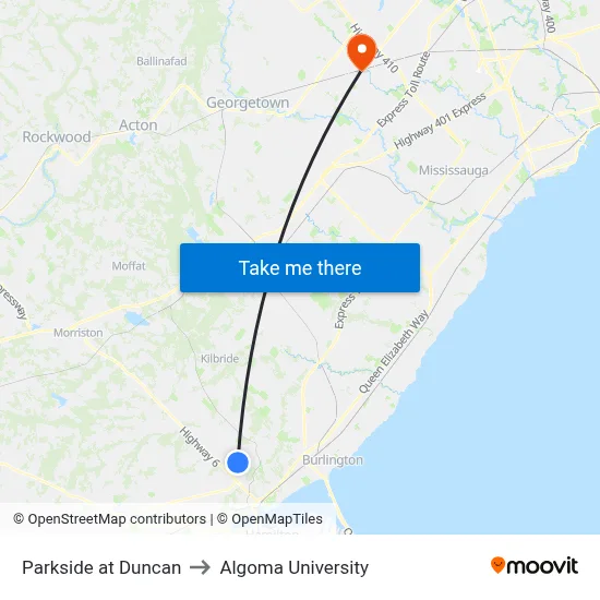 Parkside at Duncan to Algoma University map