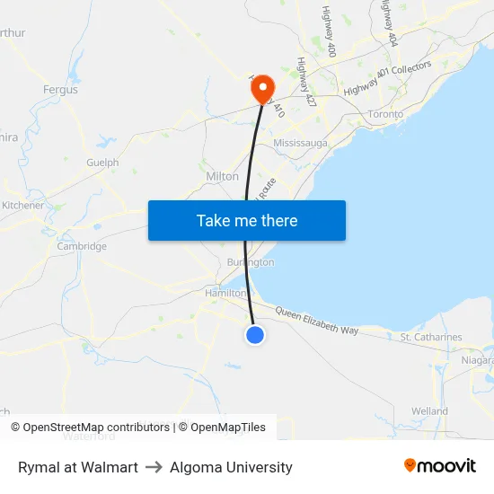Rymal at Walmart to Algoma University map