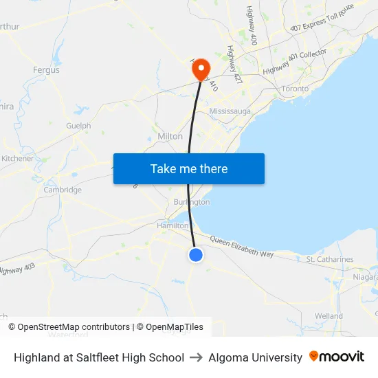 Highland at Saltfleet High School to Algoma University map
