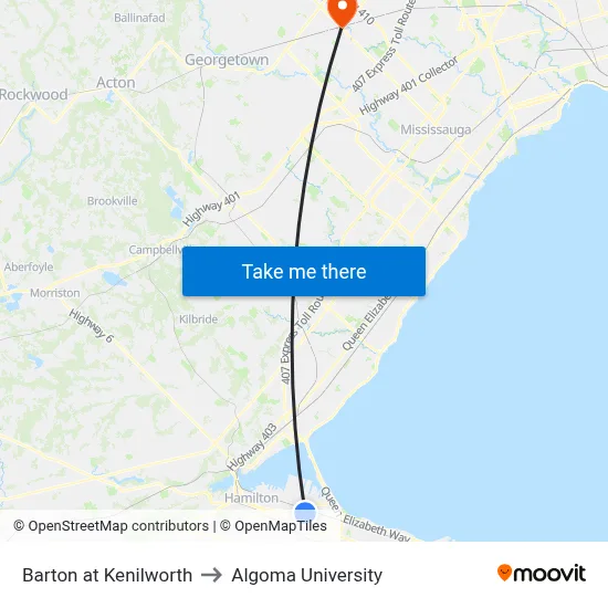 Barton at Kenilworth to Algoma University map