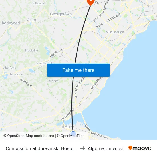 Concession at Juravinski Hospital to Algoma University map