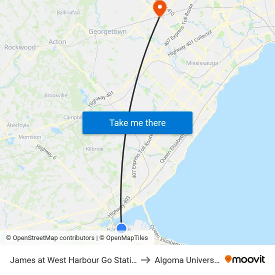 James at West Harbour Go Station to Algoma University map