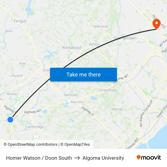 Homer Watson / Doon South to Algoma University map