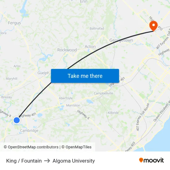 King / Fountain to Algoma University map