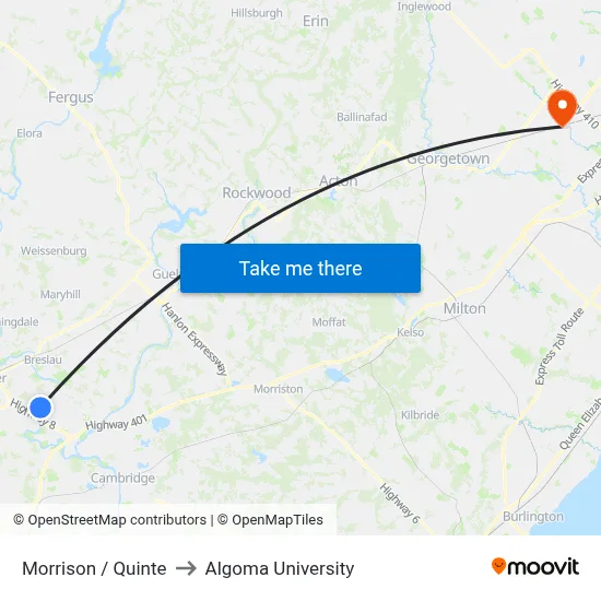 Morrison / Quinte to Algoma University map