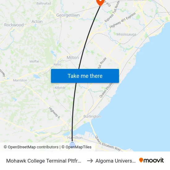 Mohawk College Terminal Pltfrm 1 to Algoma University map