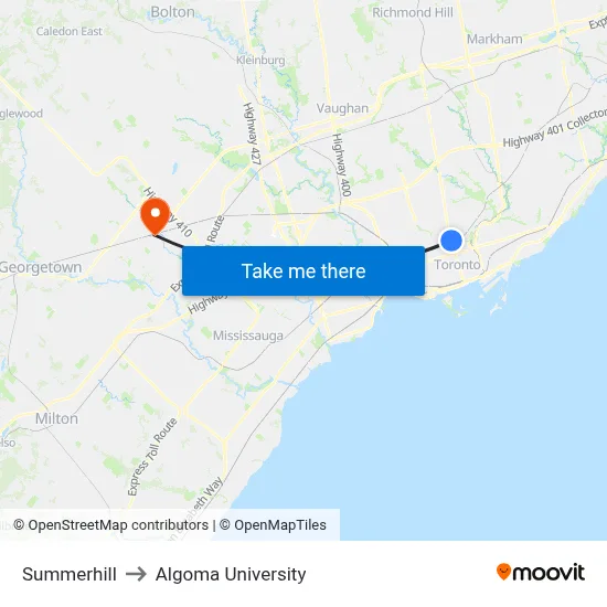 Summerhill to Algoma University map
