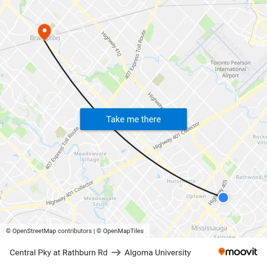 Central Pky at Rathburn Rd to Algoma University map