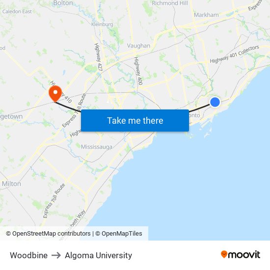 Woodbine to Algoma University map
