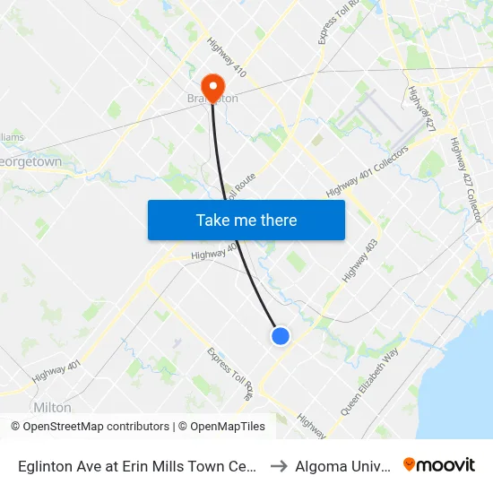 Eglinton Ave at Erin Mills Town Centre South to Algoma University map