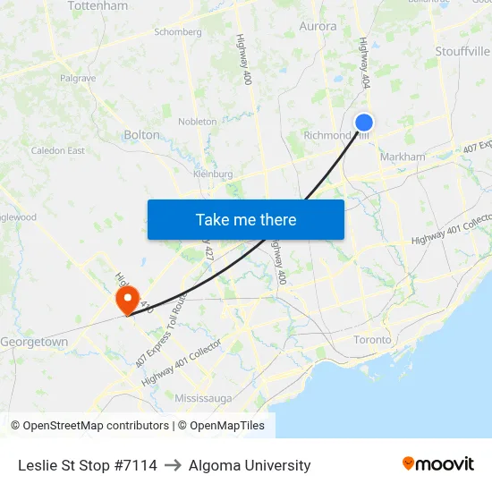 Leslie St Stop #7114 to Algoma University map