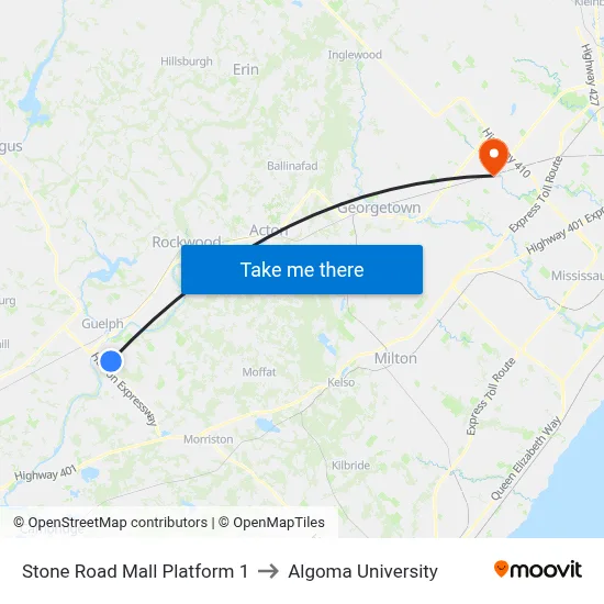 Stone Road Mall Platform 1 to Algoma University map