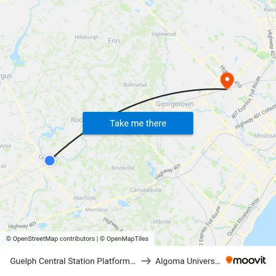 Guelph Central Station Platform 22 to Algoma University map
