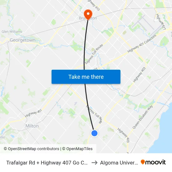 Trafalgar Rd + Highway 407 Go Carpool to Algoma University map