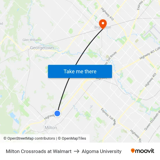 Milton Crossroads at Walmart to Algoma University map