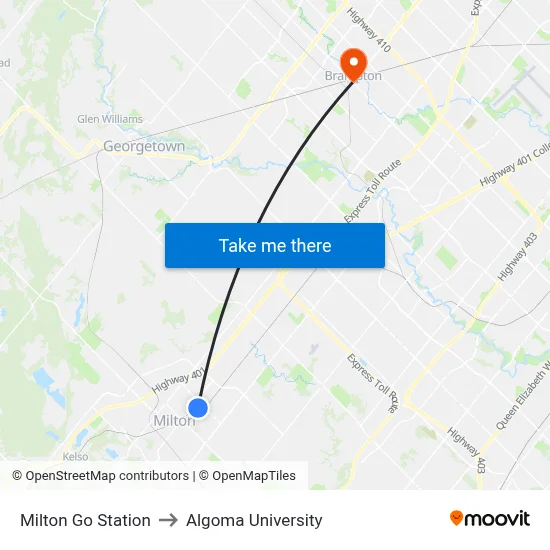 Milton Go Station to Algoma University map