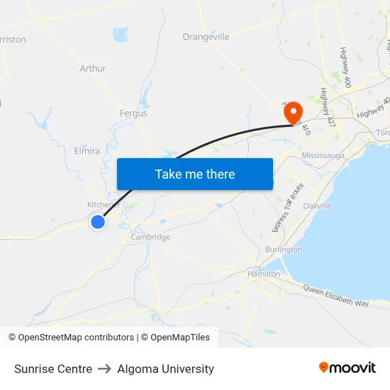 Sunrise Centre to Algoma University map
