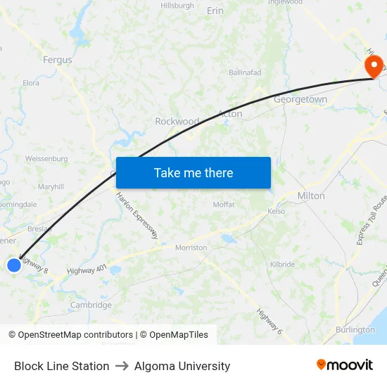 Block Line Station to Algoma University map