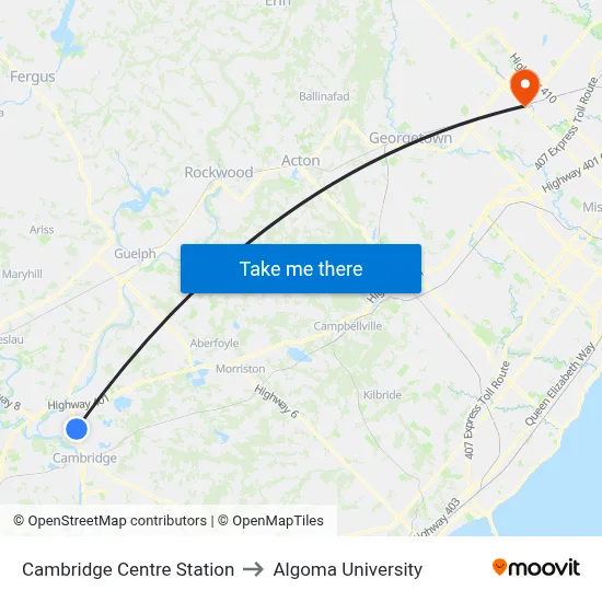 Cambridge Centre Station to Algoma University map