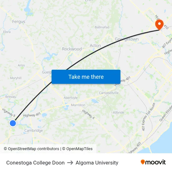 Conestoga College Doon to Algoma University map
