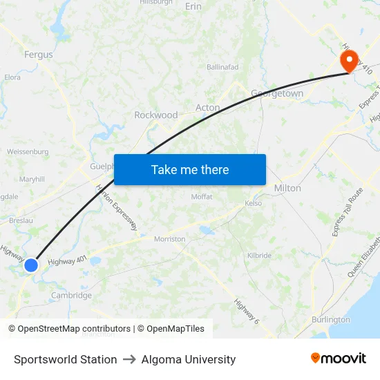 Sportsworld Station to Algoma University map